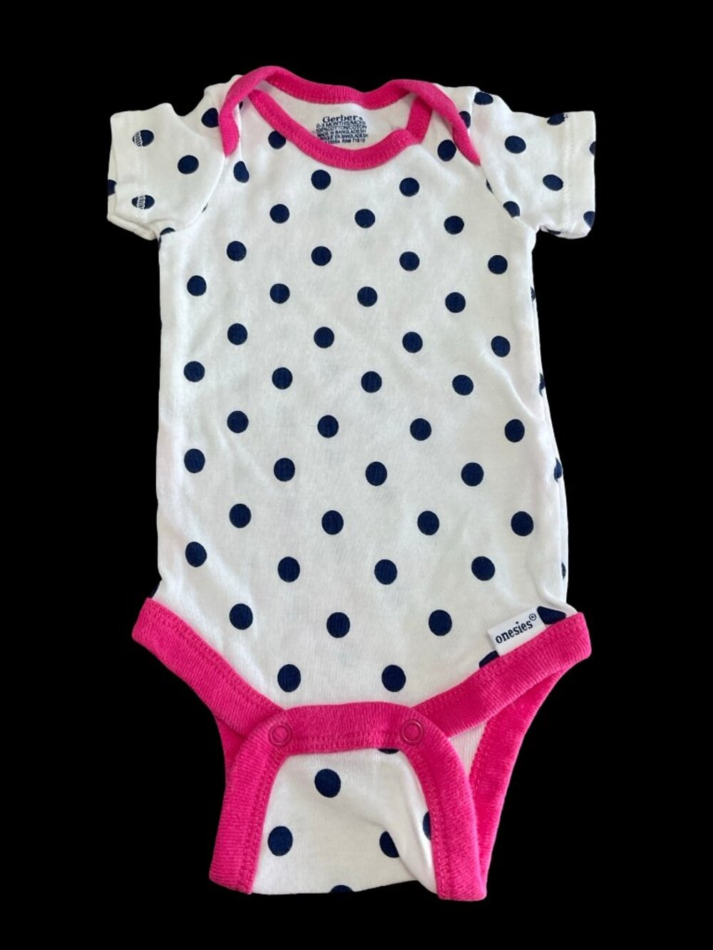 👣 10/$25 - White/Navy Polka Dot Print Onesie w/ Pink Trim